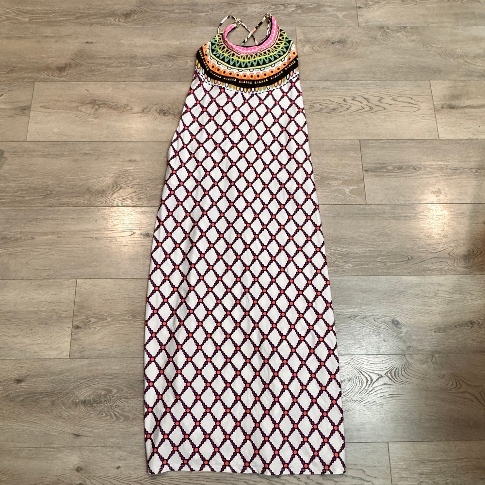 Trina Turk White Maxi Dress with Red Lattice and Multicolor Embroidered Neck